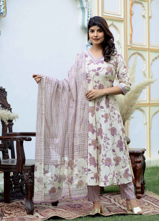 Women's Pink Floral Print Anarkali Kurta With Palazzo & Dupatta Set - Miravan