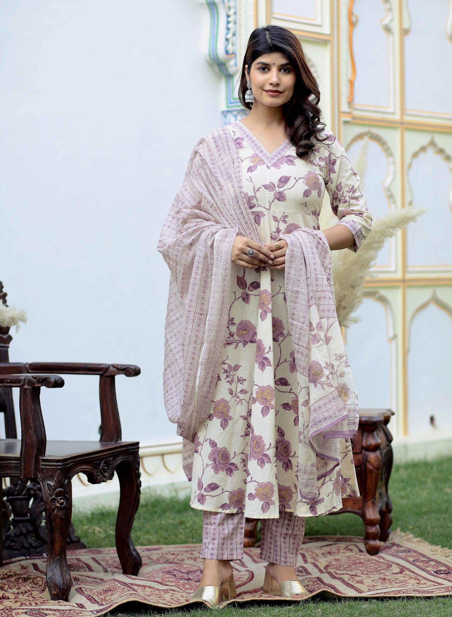 Women's Pink Floral Print Anarkali Kurta With Palazzo & Dupatta Set - Miravan
