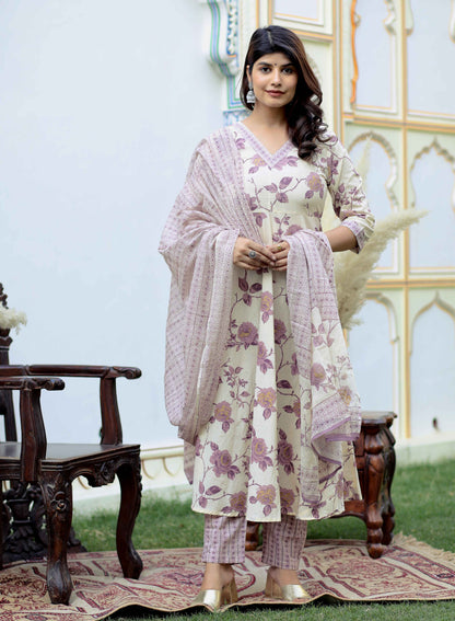 Women's Pink Floral Print Anarkali Kurta With Palazzo & Dupatta Set - Miravan
