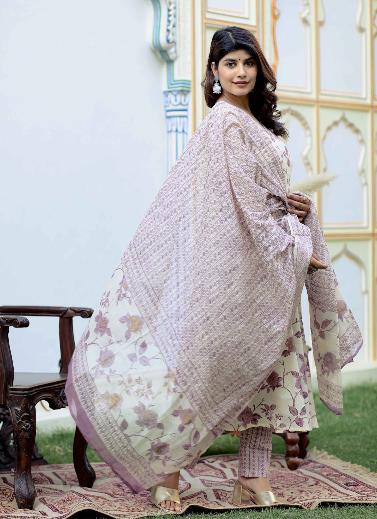 Women's Pink Floral Print Anarkali Kurta With Palazzo & Dupatta Set - Miravan