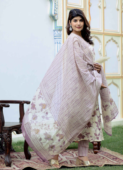 Women's Pink Floral Print Anarkali Kurta With Palazzo & Dupatta Set - Miravan