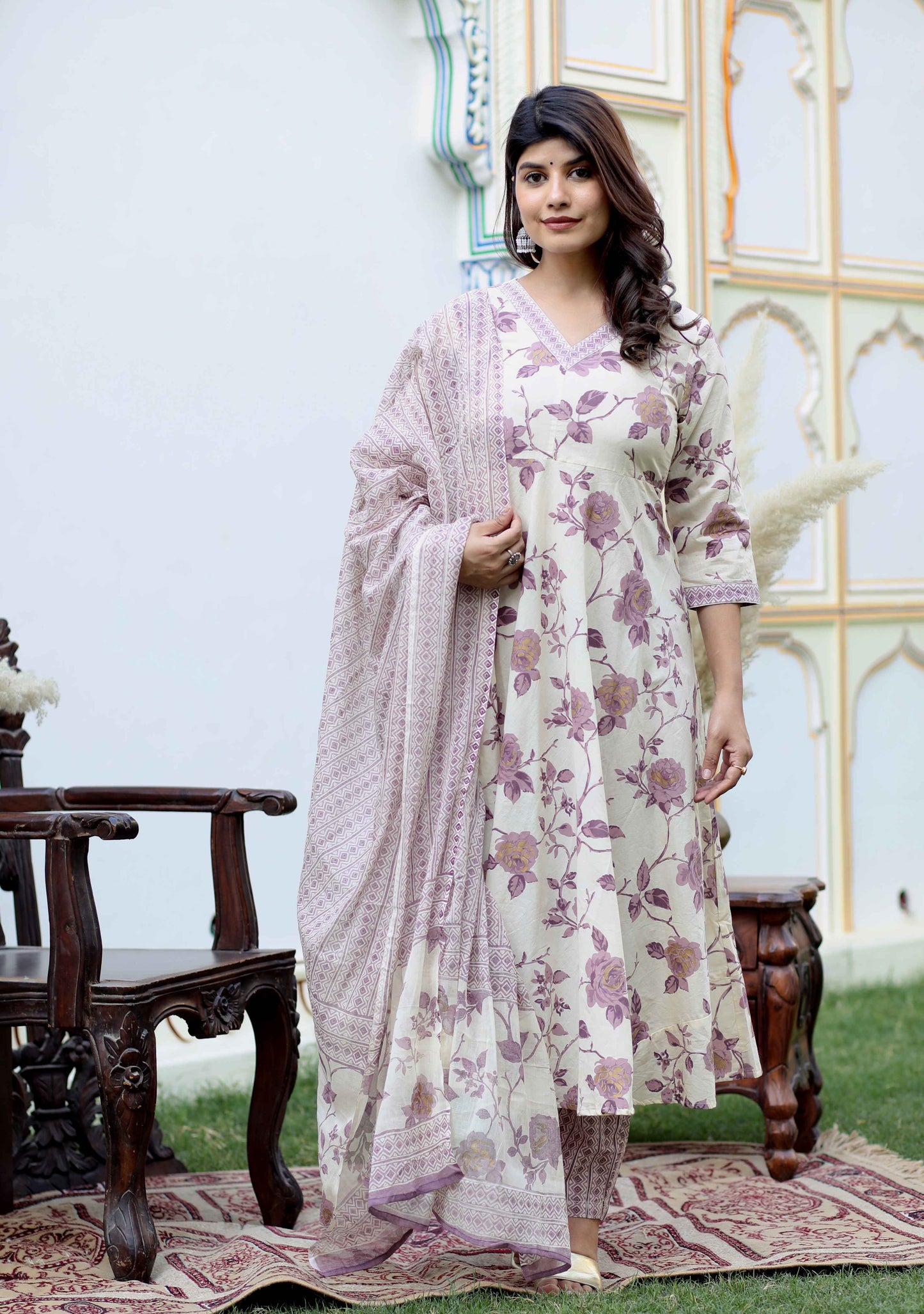 Women's Pink Floral Print Anarkali Kurta With Palazzo & Dupatta Set - Miravan