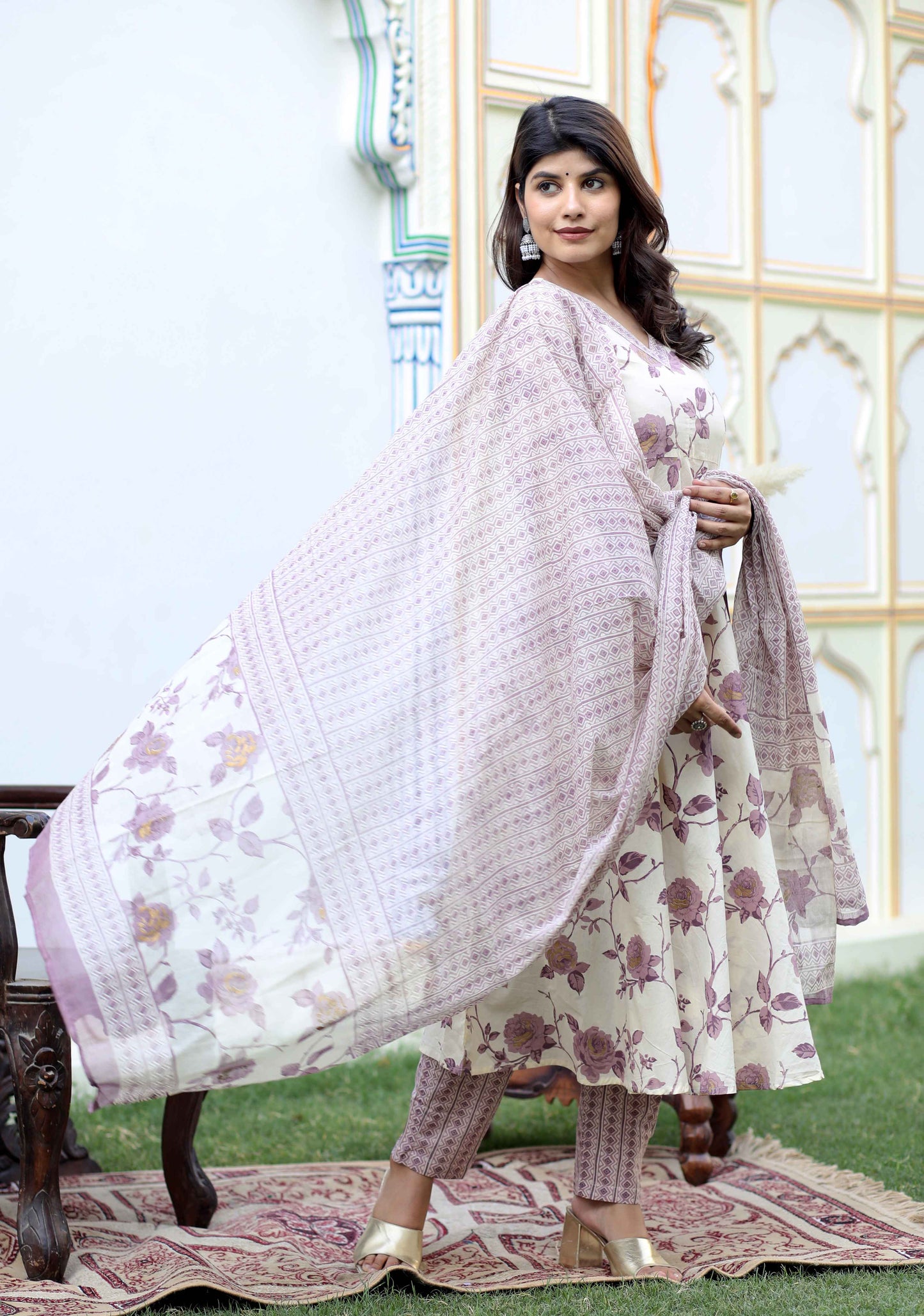 Women's Pink Floral Print Anarkali Kurta With Palazzo & Dupatta Set - Miravan