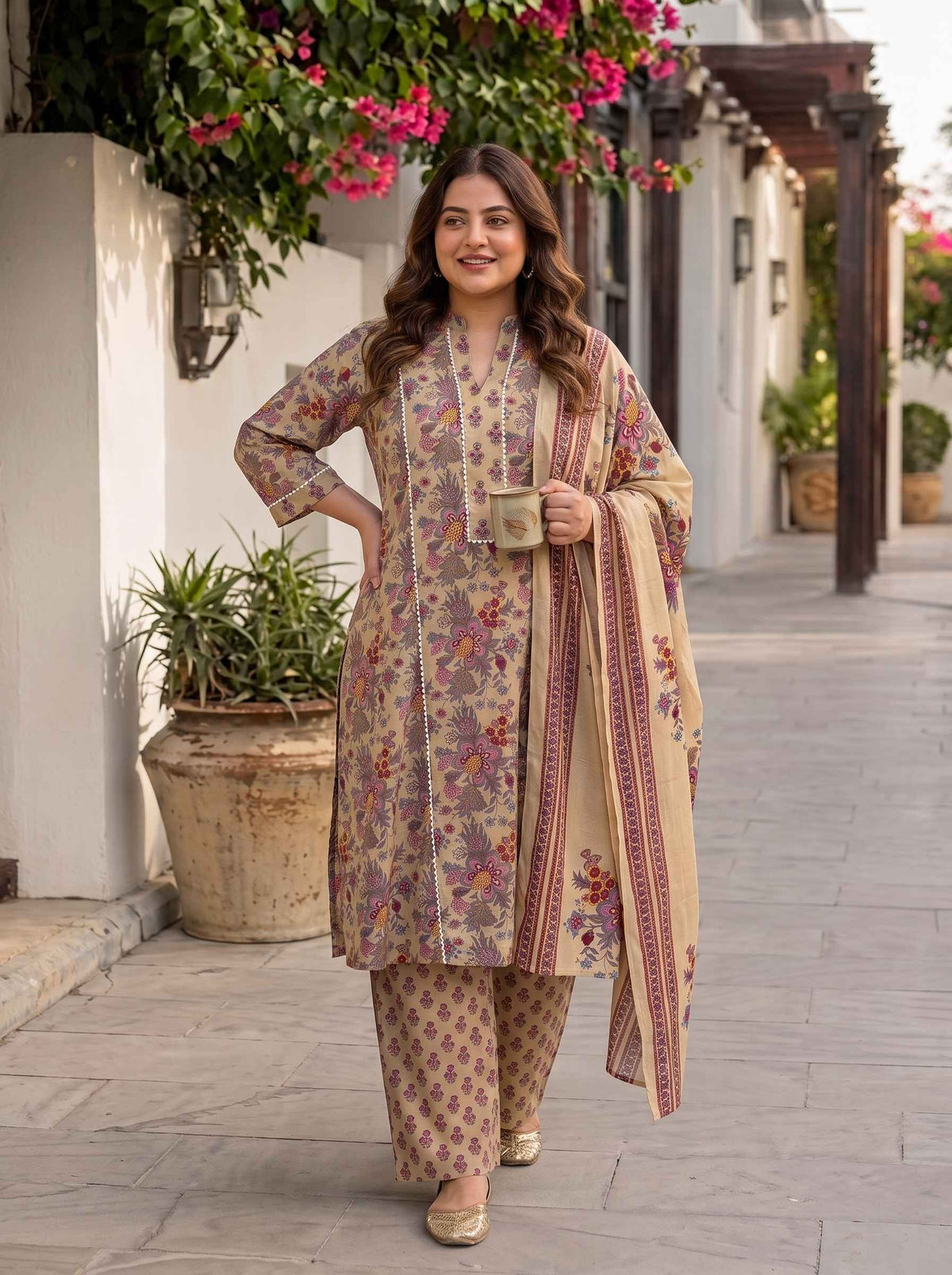 Miravan Womens Plus Size Multicolor Floral Printed Pure Cotton Kurta and Palazzo with Dupatta Set