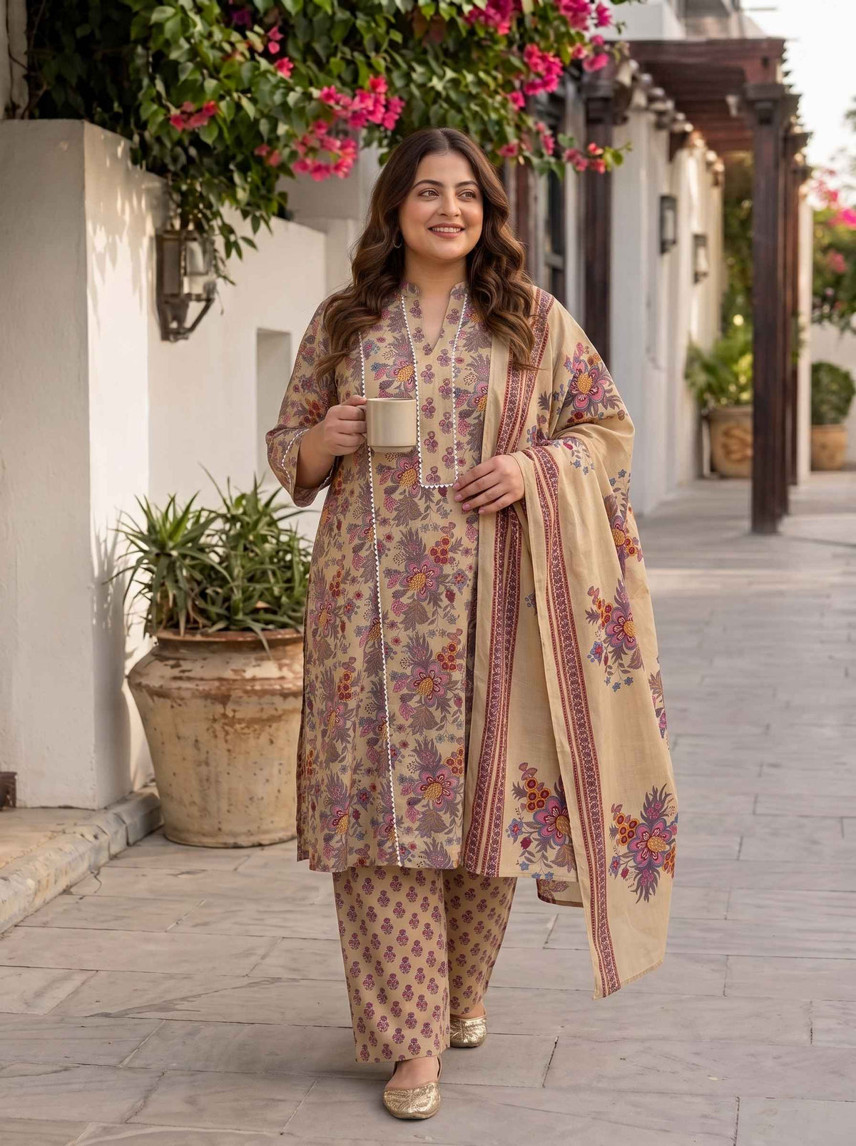 Miravan Womens Plus Size Multicolor Floral Printed Pure Cotton Kurta and Palazzo with Dupatta Set