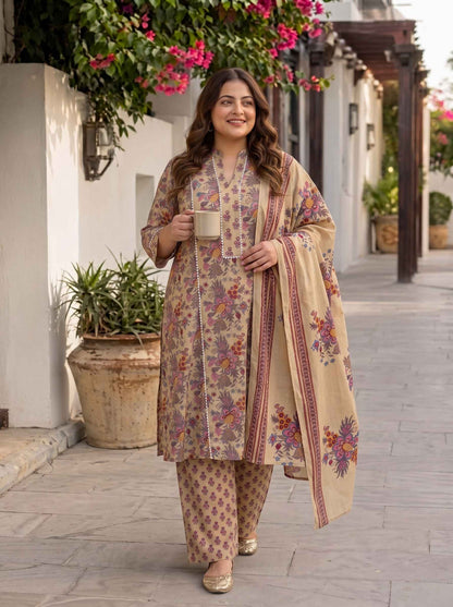 Miravan Womens Plus Size Multicolor Floral Printed Pure Cotton Kurta and Palazzo with Dupatta Set