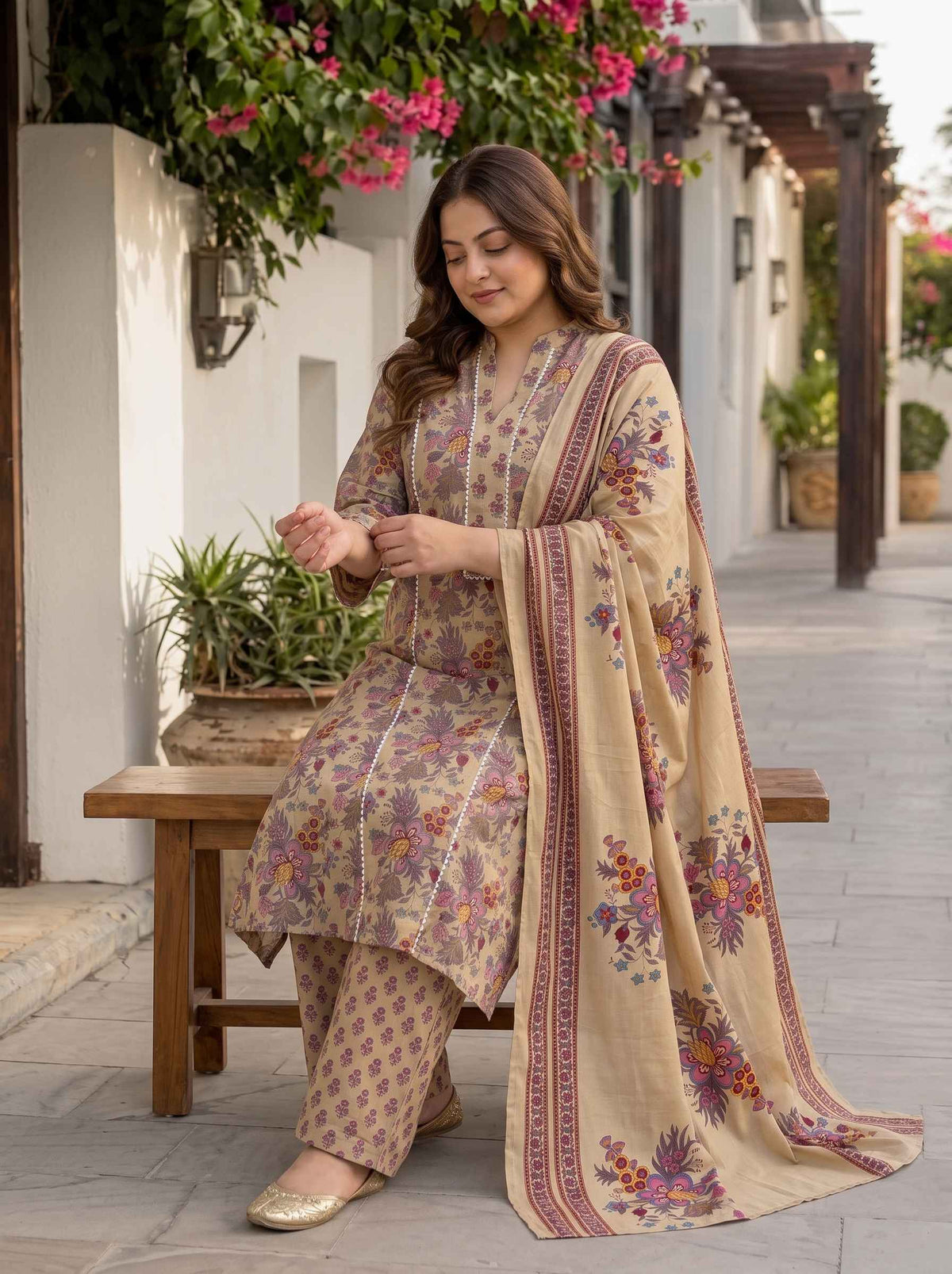 Miravan Womens Plus Size Multicolor Floral Printed Pure Cotton Kurta and Palazzo with Dupatta Set