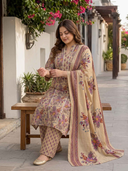 Miravan Womens Plus Size Multicolor Floral Printed Pure Cotton Kurta and Palazzo with Dupatta Set