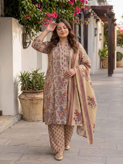Miravan Womens Plus Size Multicolor Floral Printed Pure Cotton Kurta and Palazzo with Dupatta Set