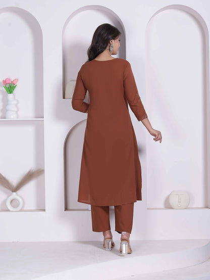 Miravan Womens Brown Floral Printed Angrakha Style Kurta with Palazzo
