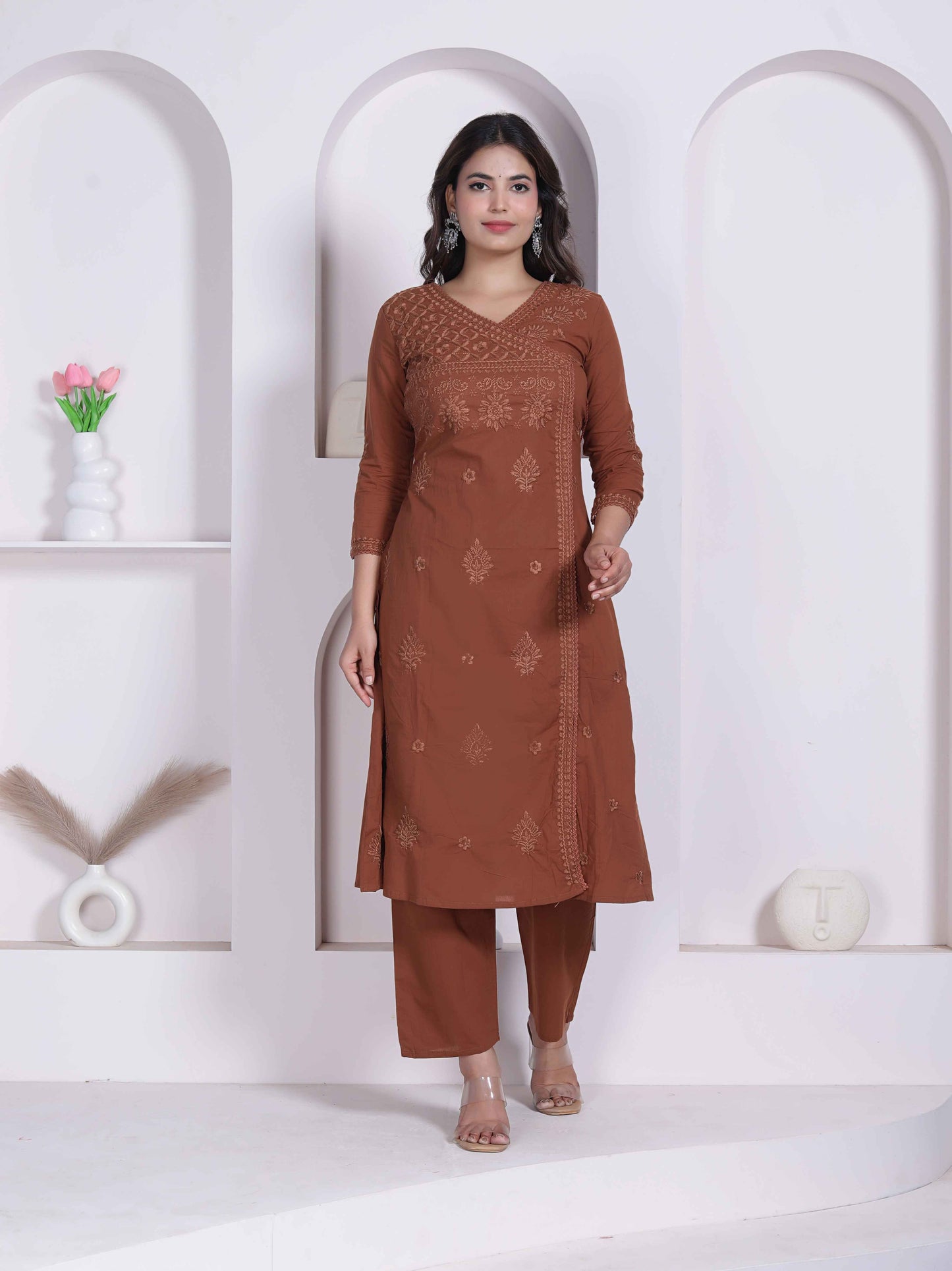 Miravan Womens Brown Floral Printed Angrakha Style Kurta with Palazzo