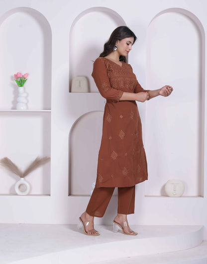 Miravan Womens Brown Floral Printed Angrakha Style Kurta with Palazzo