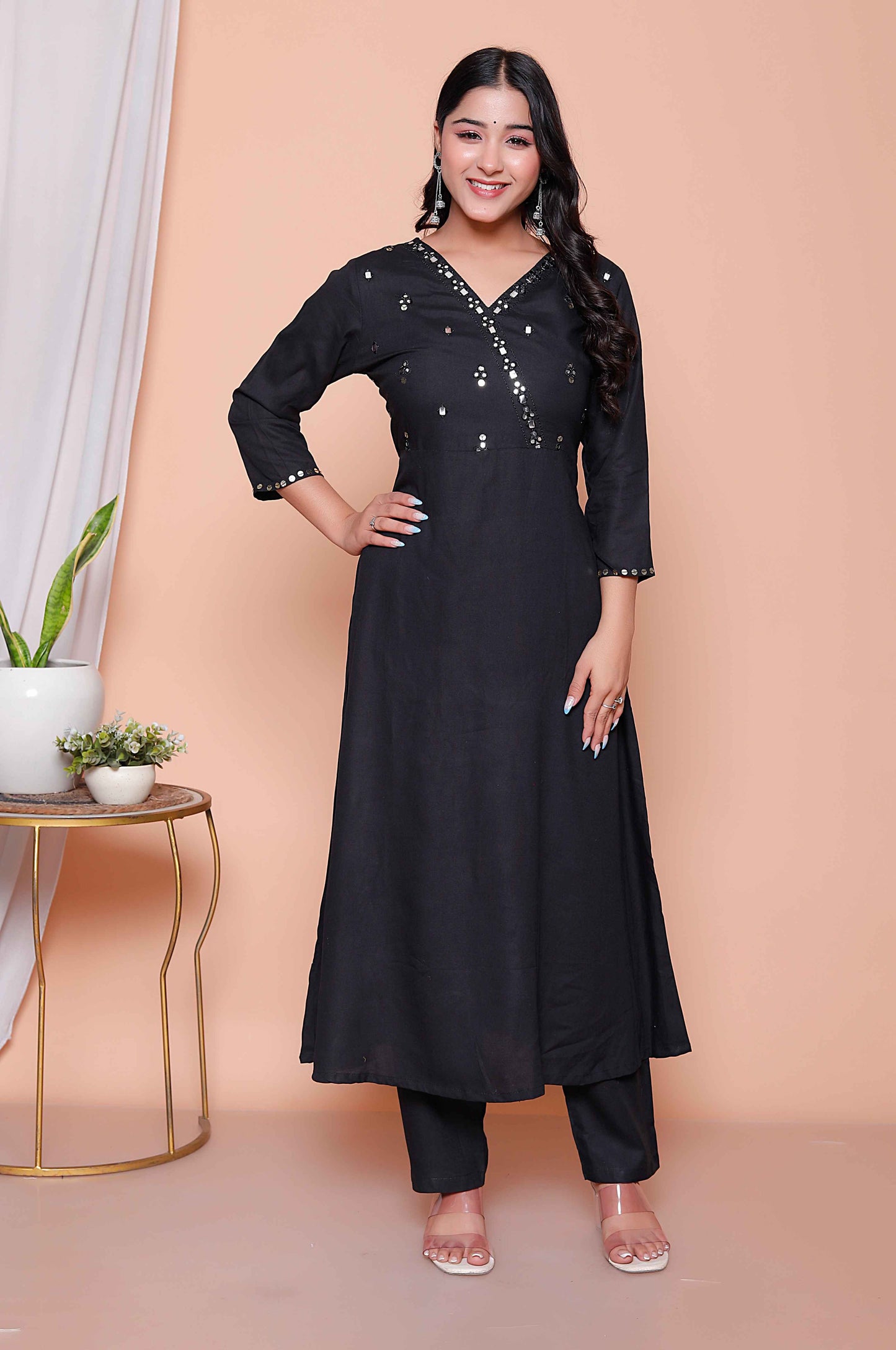 Miravan Womens Black Mirror work Angrakha Kurta and Palazzo Set