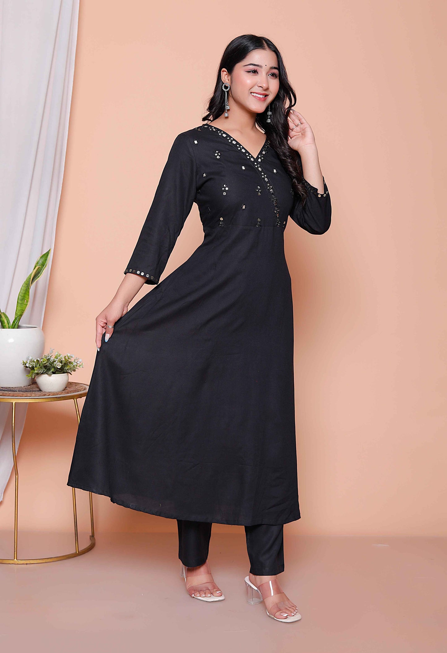 Miravan Womens Black Mirror work Angrakha Kurta and Palazzo Set