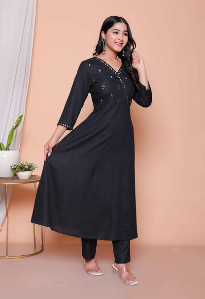 Miravan Womens Black Mirror work Angrakha Kurta and Palazzo Set