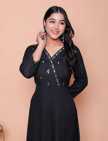 Miravan Womens Black Mirror work Angrakha Kurta and Palazzo Set