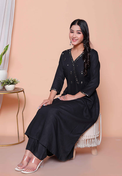 Miravan Womens Black Mirror work Angrakha Kurta and Palazzo Set