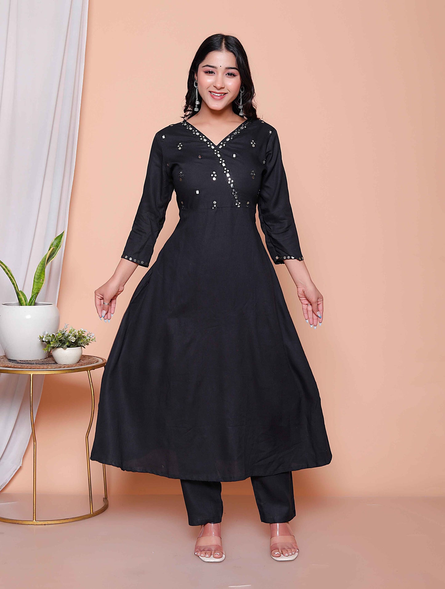 Miravan Womens Black Mirror work Angrakha Kurta and Palazzo Set