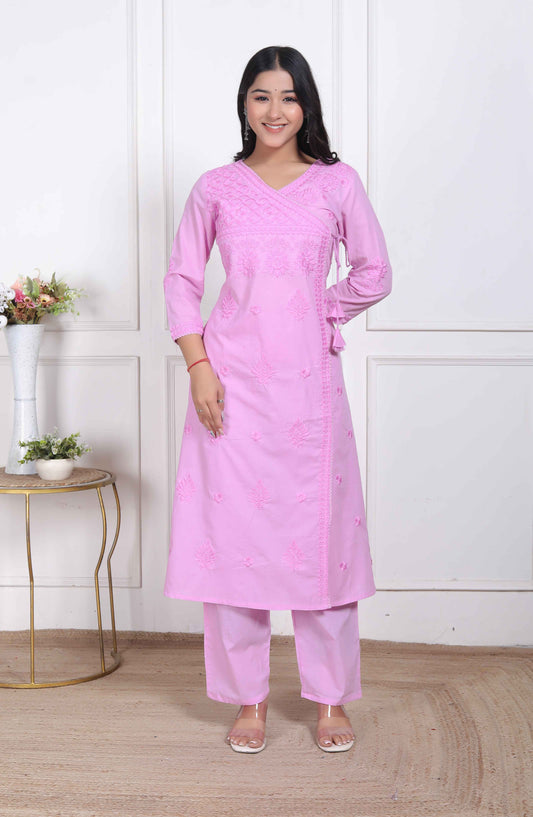 Miravan Womens Pink Lucknowi Angrakha Style Kurta with Palazzo