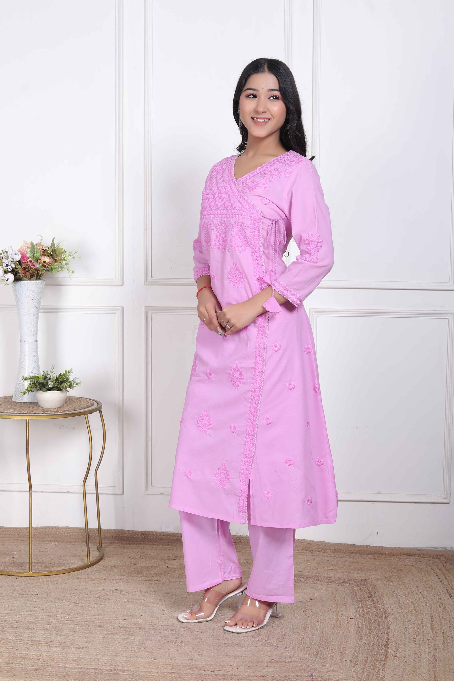 Miravan Womens Pink Lucknowi Angrakha Style Kurta with Palazzo