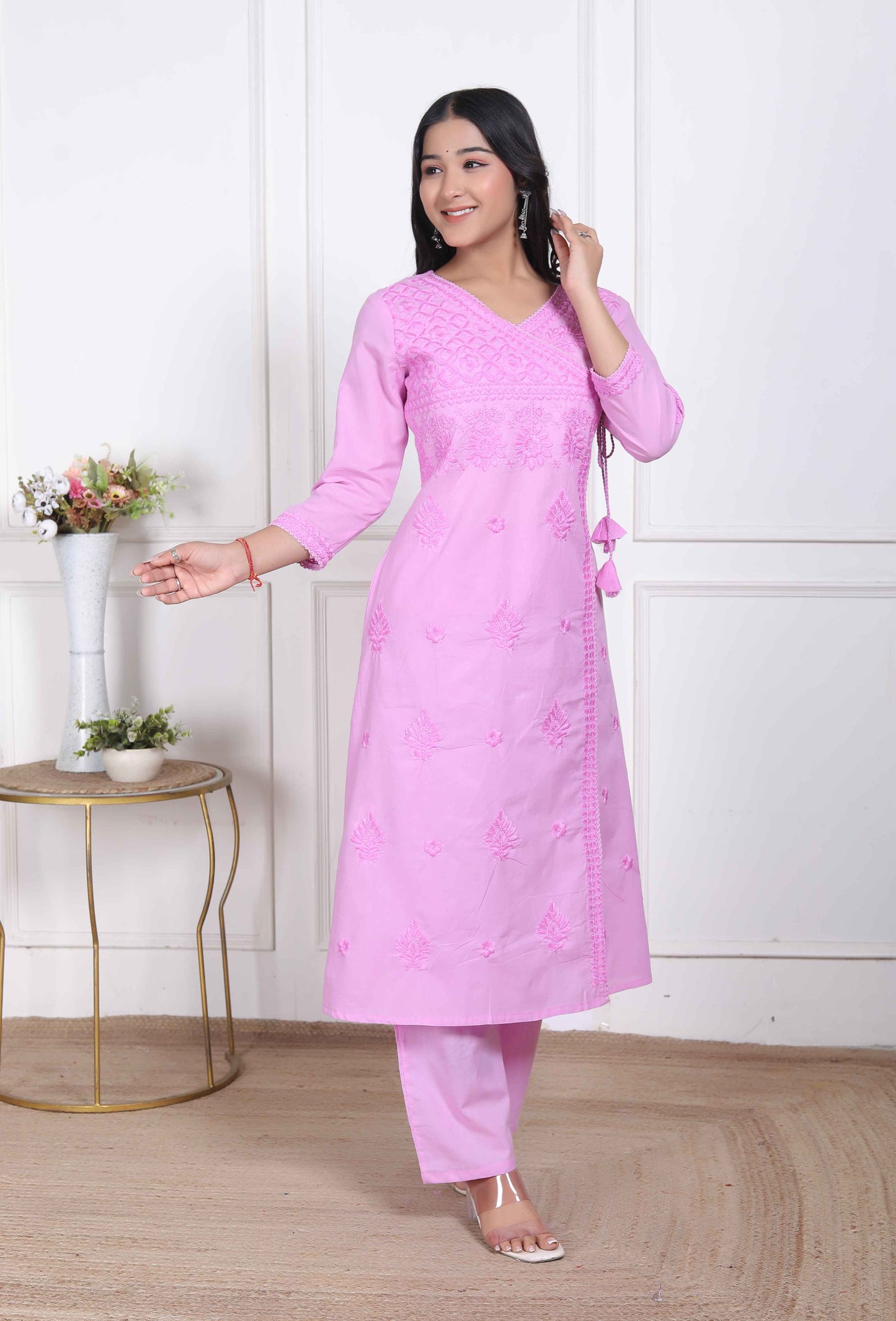 Miravan Womens Pink Lucknowi Angrakha Style Kurta with Palazzo