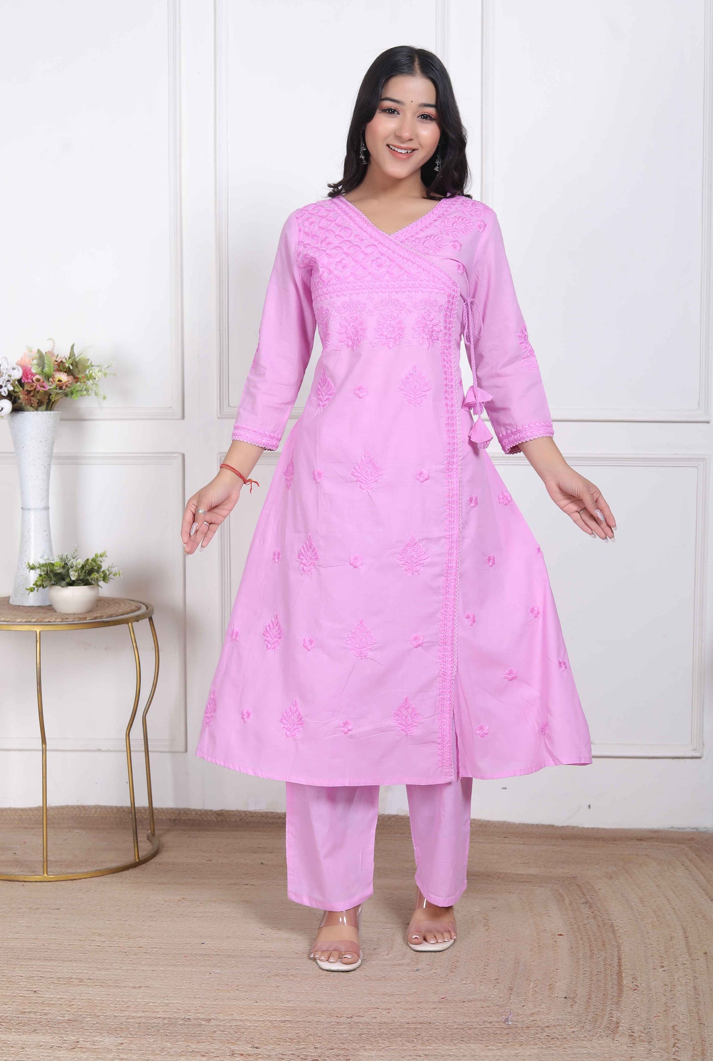 Miravan Womens Pink Lucknowi Angrakha Style Kurta with Palazzo