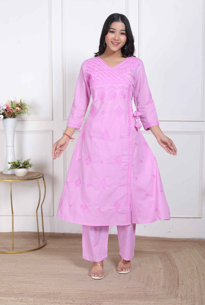 Miravan Womens Pink Lucknowi Angrakha Style Kurta with Palazzo