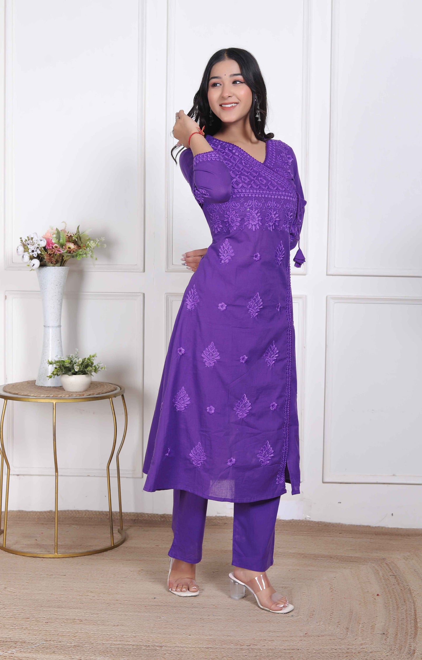 Miravan Womens Purple Floral Printed Angrakha Style Kurta with Palazzo