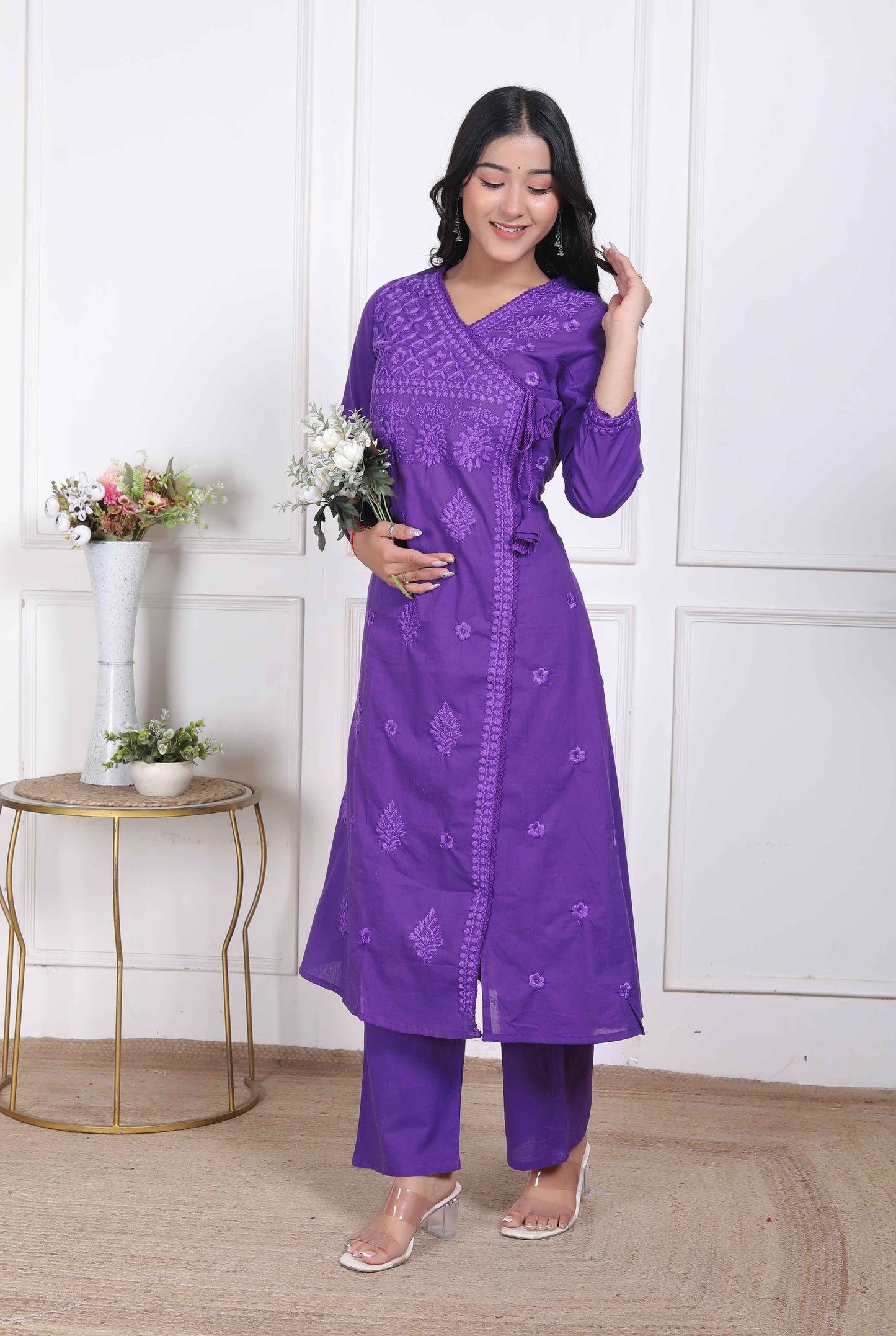 Miravan Womens Purple Floral Printed Angrakha Style Kurta with Palazzo