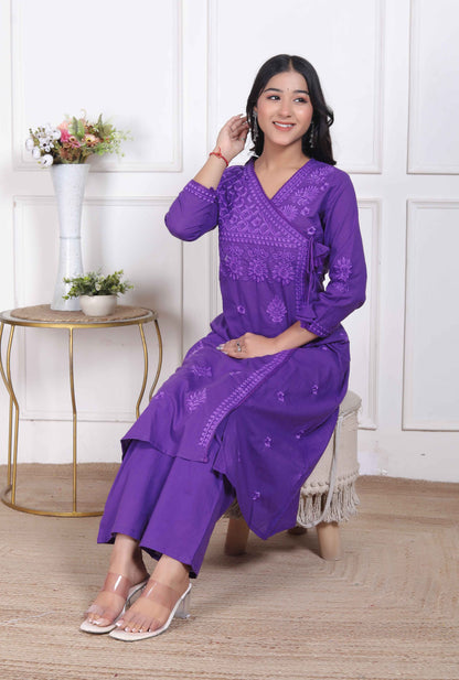 Miravan Womens Purple Floral Printed Angrakha Style Kurta with Palazzo