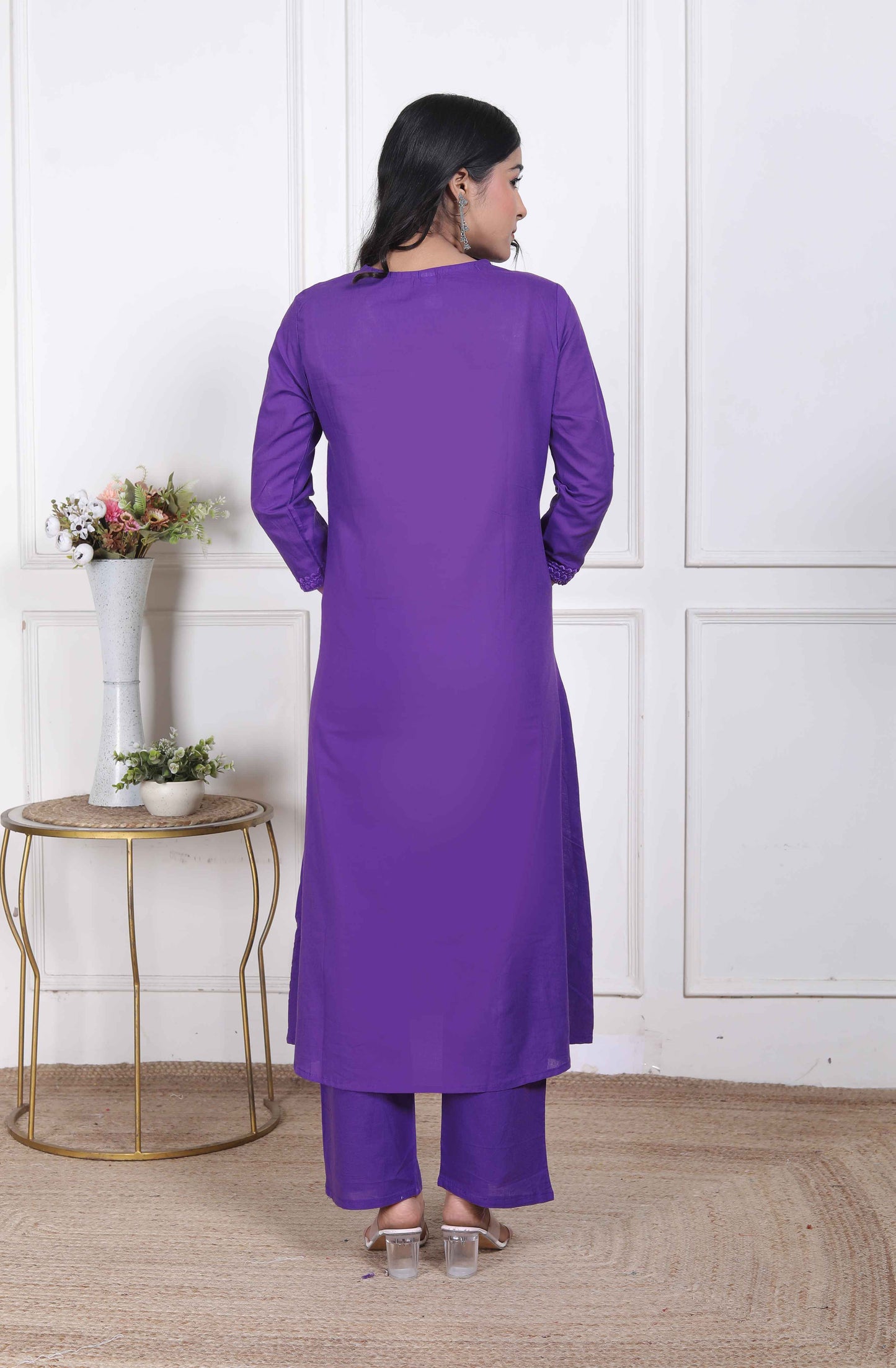 Miravan Womens Purple Floral Printed Angrakha Style Kurta with Palazzo