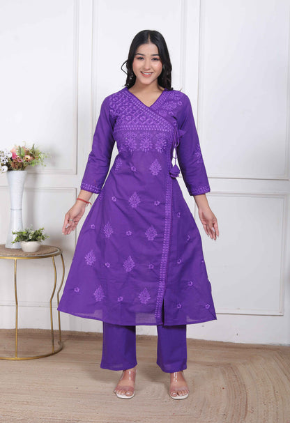 Miravan Womens Purple Floral Printed Angrakha Style Kurta with Palazzo