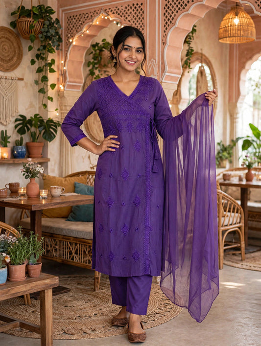 Miravan Women’s Purple Embroidered Angrakha Style Kurta with Palazzo & Dupatta Set