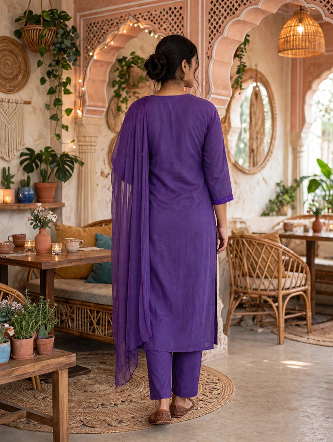 Miravan Women’s Purple Embroidered Angrakha Style Kurta with Palazzo & Dupatta Set