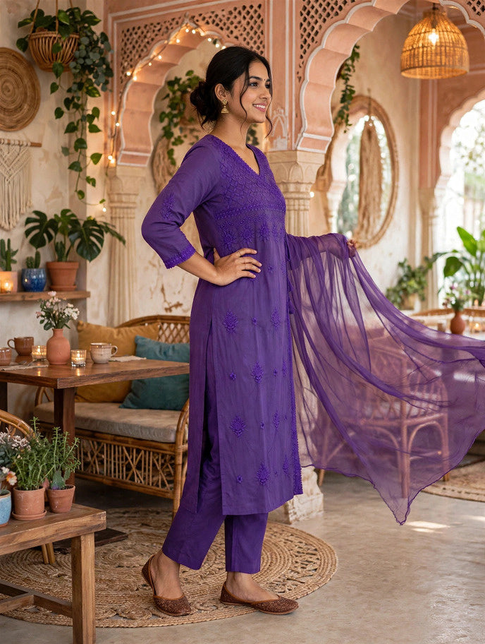 Miravan Women’s Purple Embroidered Angrakha Style Kurta with Palazzo & Dupatta Set