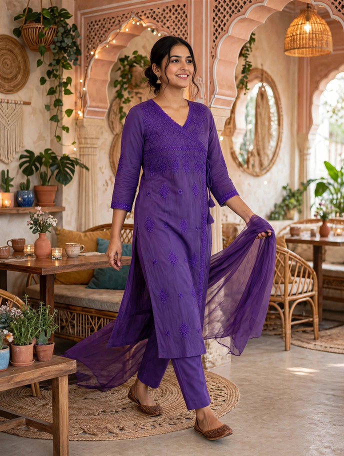 Miravan Women’s Purple Embroidered Angrakha Style Kurta with Palazzo & Dupatta Set