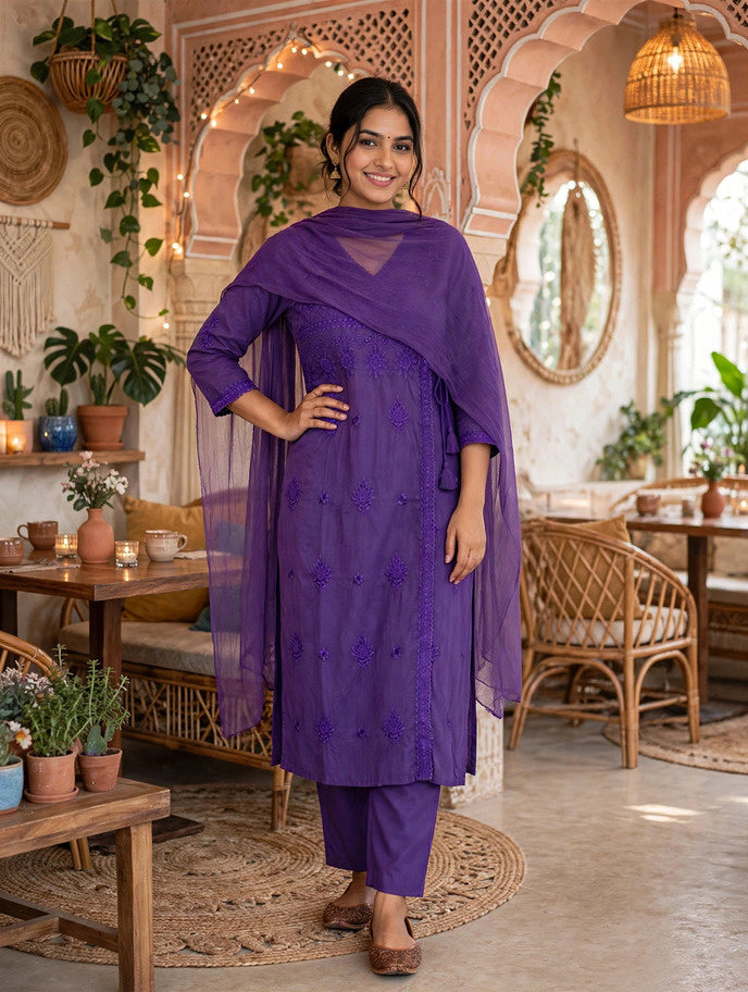 Miravan Women’s Purple Embroidered Angrakha Style Kurta with Palazzo & Dupatta Set