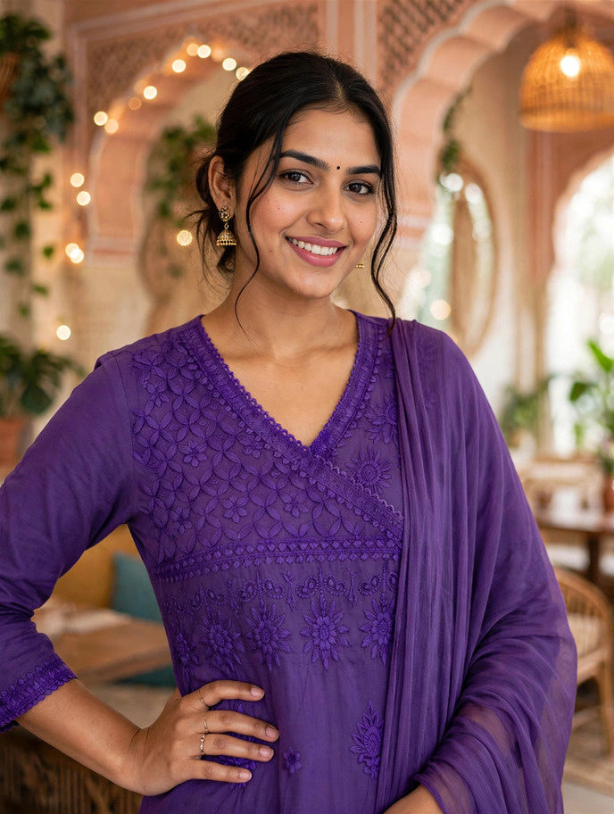 Miravan Women’s Purple Embroidered Angrakha Style Kurta with Palazzo & Dupatta Set
