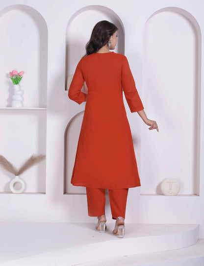 Miravan Womens Rust Floral Printed Angrakha Style Kurta with Palazzo