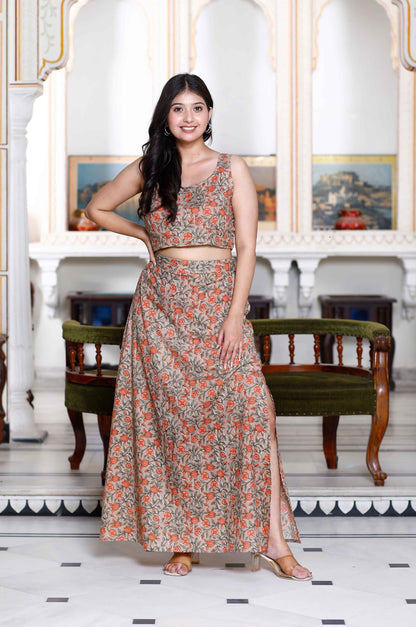 Women's Brown Floral Printed Crop Top And Skirt Co-Ord Set - Miravan