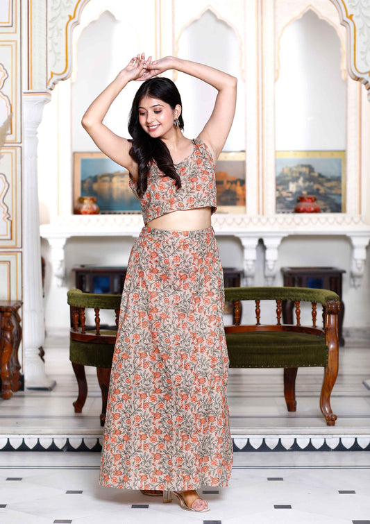 Women's Brown Floral Printed Crop Top And Skirt Co-Ord Set - Miravan