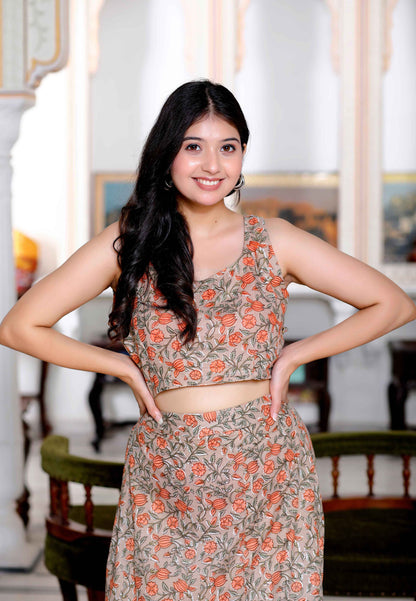 Women's Brown Floral Printed Crop Top And Skirt Co-Ord Set - Miravan