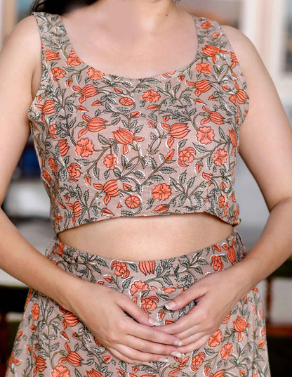 Women's Brown Floral Printed Crop Top And Skirt Co-Ord Set - Miravan