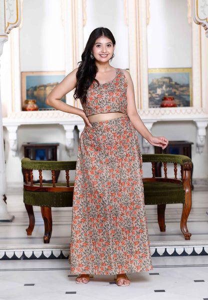 Women's Brown Floral Printed Crop Top And Skirt Co-Ord Set - Miravan