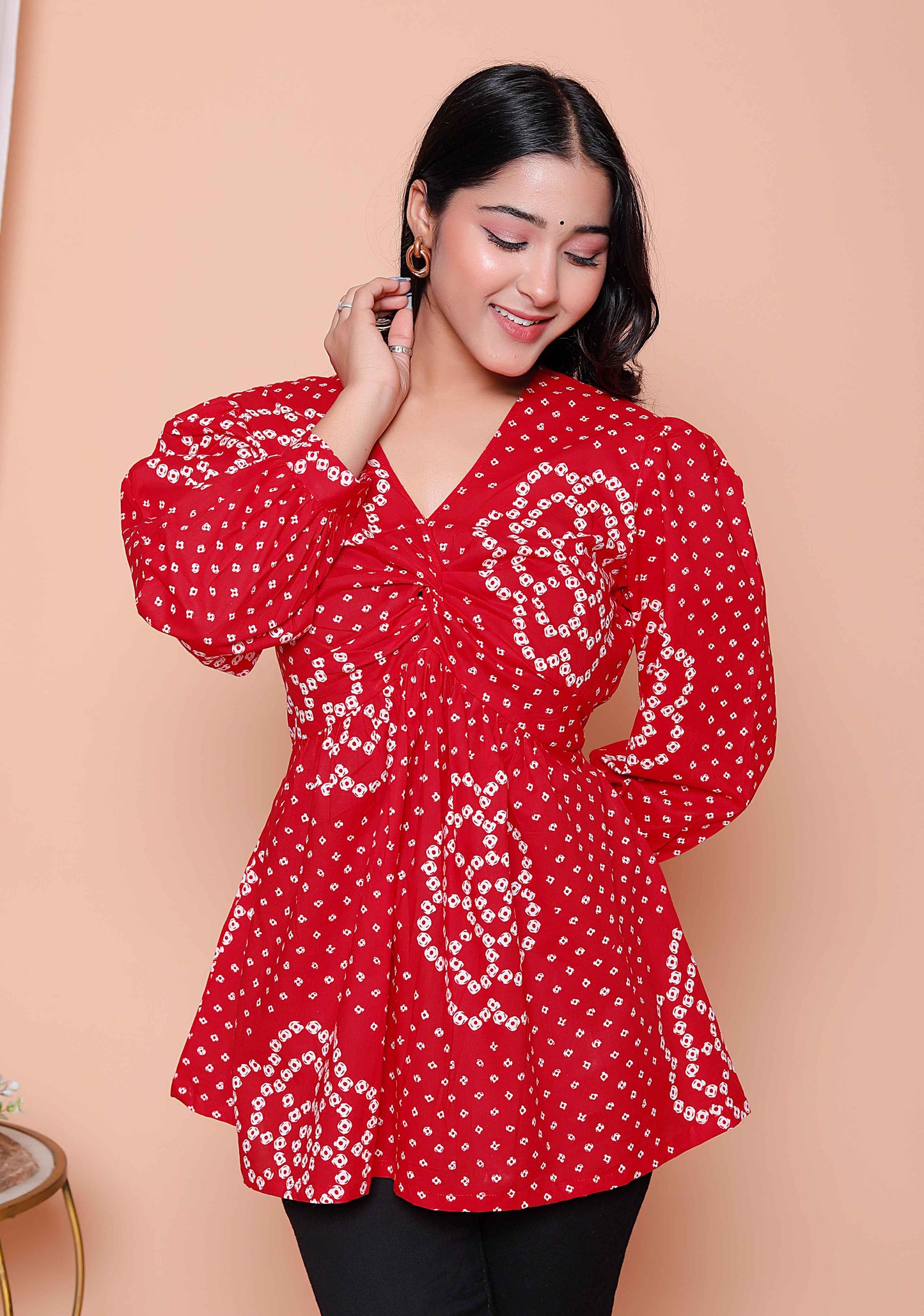 Miravan Womens Red Bandhani Printed cotton Butterfly Design  Top