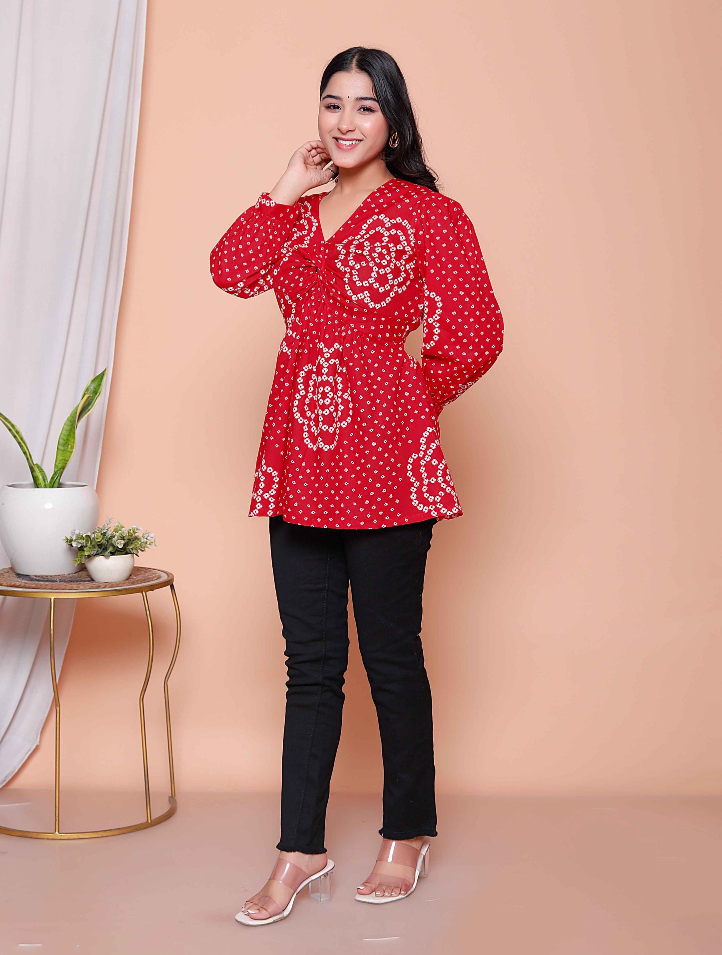 Miravan Womens Red Bandhani Printed cotton Butterfly Design  Top