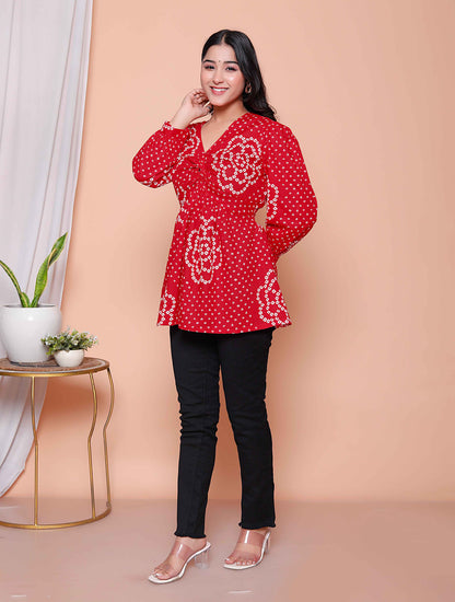 Miravan Womens Red Bandhani Printed cotton Butterfly Design  Top