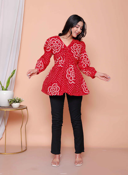 Miravan Womens Red Bandhani Printed cotton Butterfly Design  Top