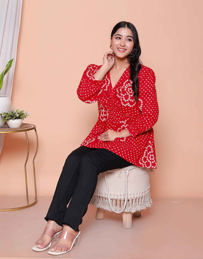 Miravan Womens Red Bandhani Printed cotton Butterfly Design  Top