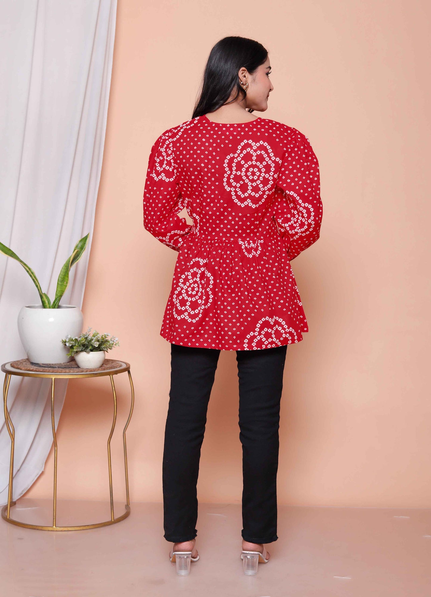 Miravan Womens Red Bandhani Printed cotton Butterfly Design  Top